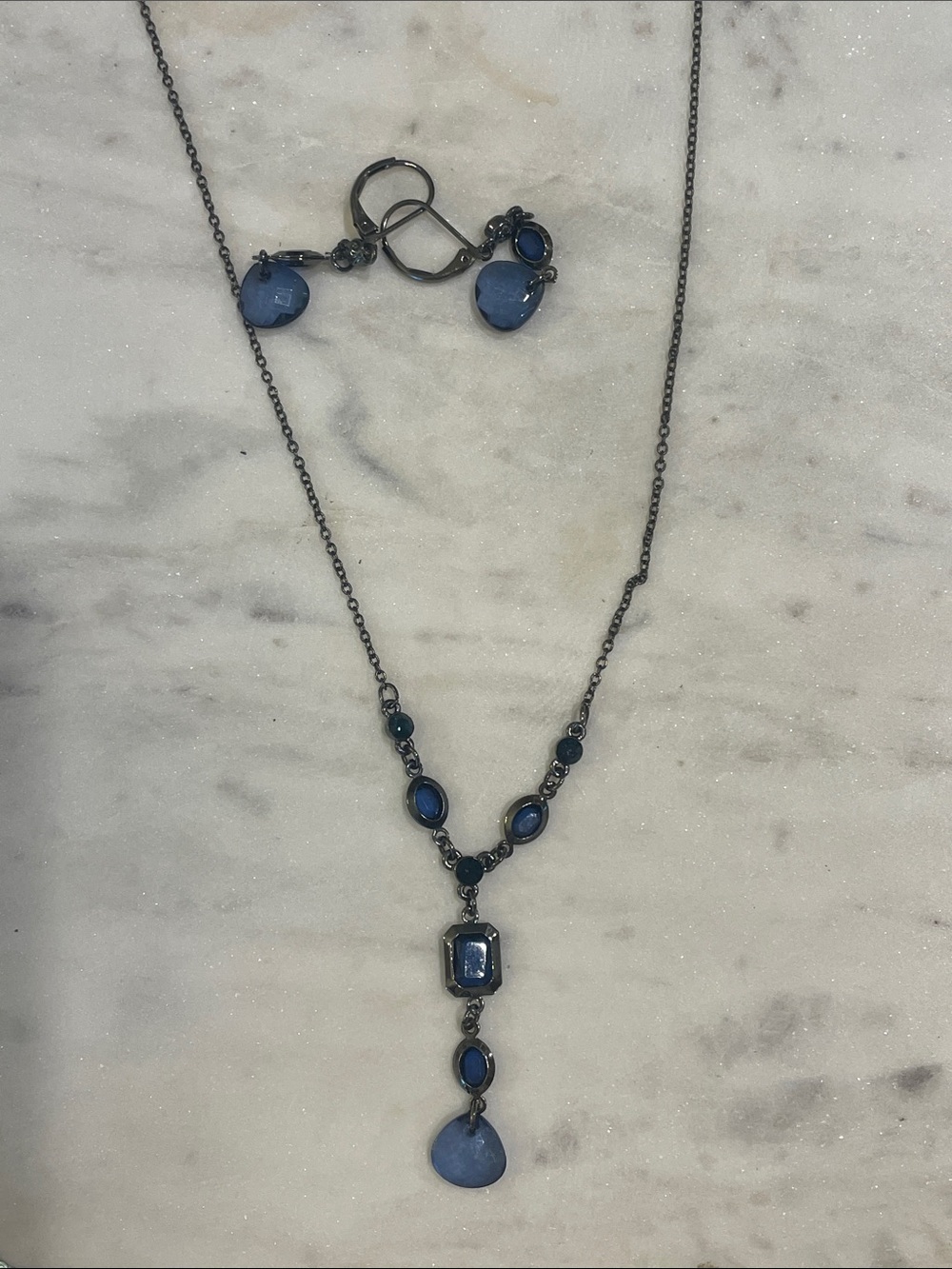 1928 Jewelry. Gunmetal Sapphire Y Necklace & earring’s set